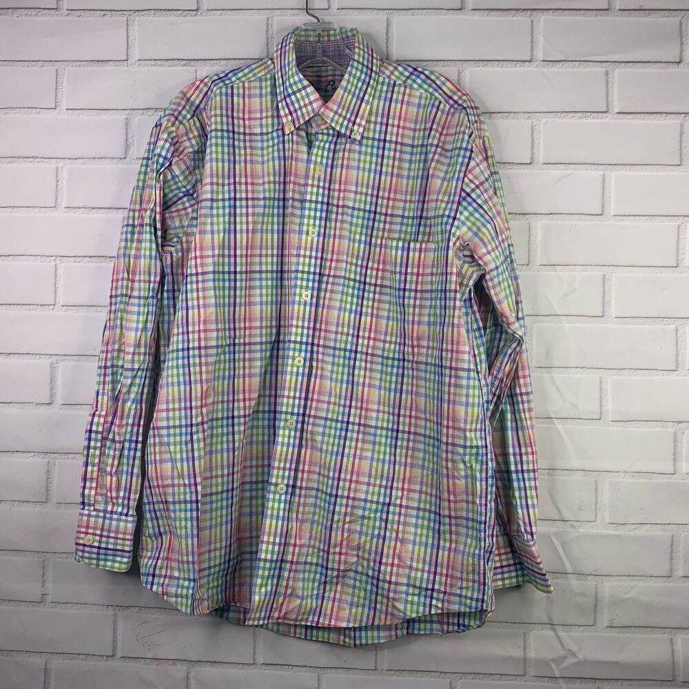 Alan Flusser shirt rainbow gingham plaid pastel button down flip cuff medium